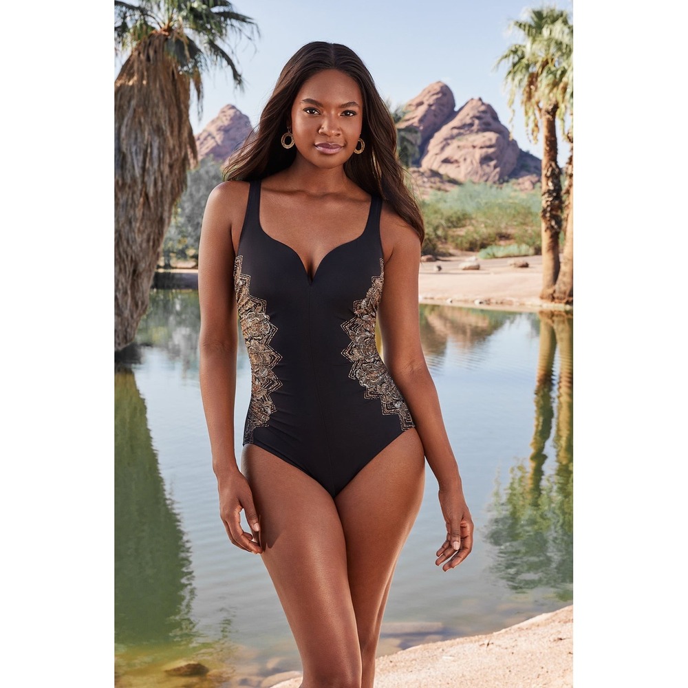 Miraclesuit Womens‎ Black Gold Temptress One Piece Swimsuit Shaping Sz 12 $190